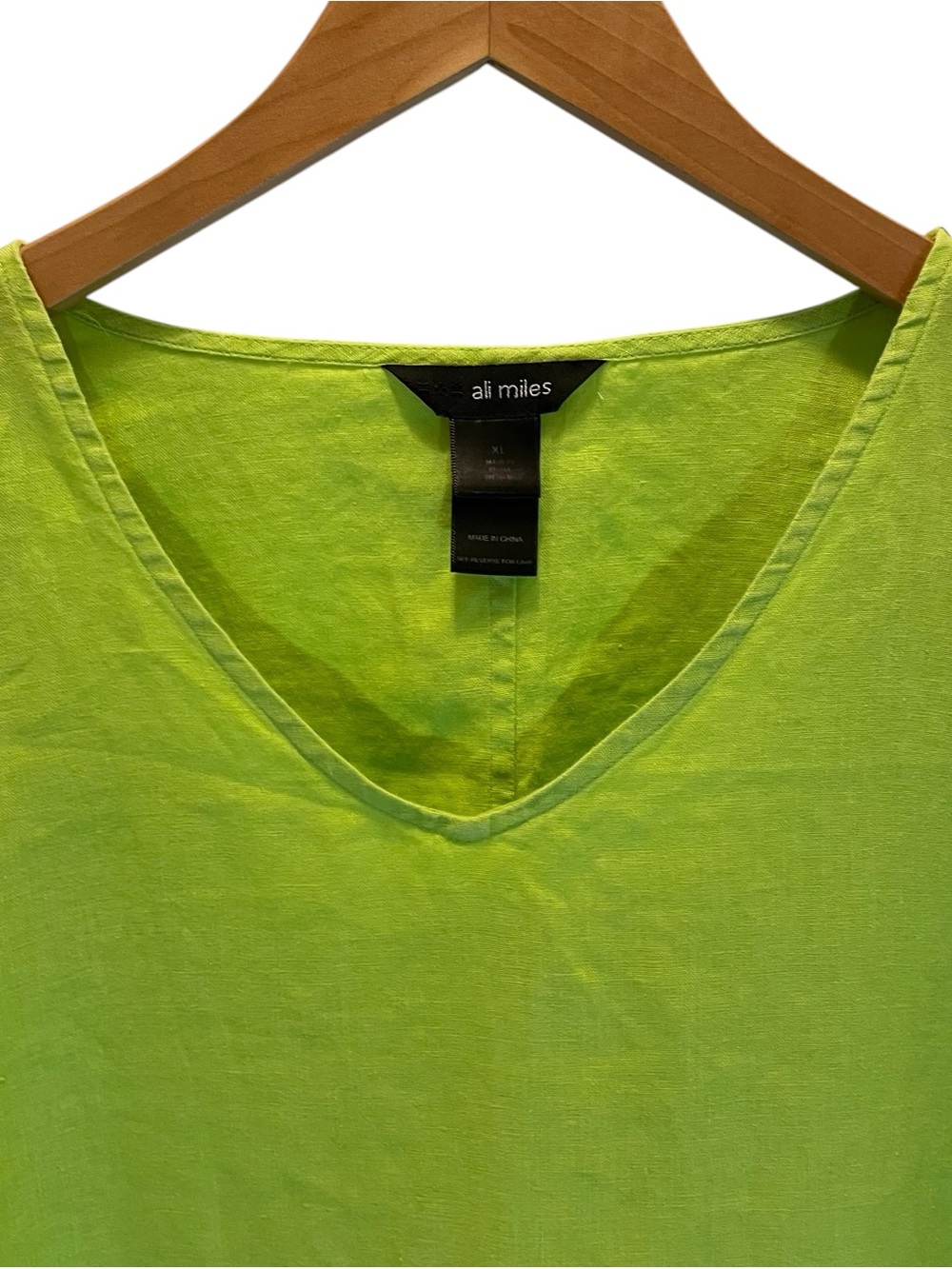 Ali Miles Lime Chartreuse Green V-Neck 100% Linen Tunic Top Size XL - Picture 2 of 8